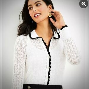 LOFT Women's White Cardigan with Black Trim